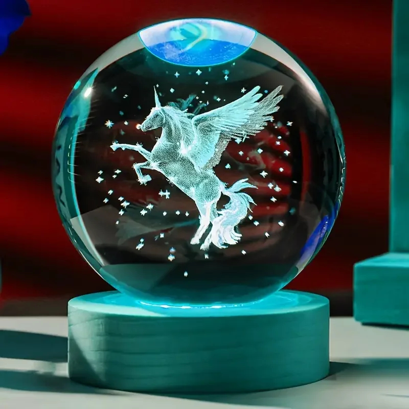 3D Unicorn Crystal Ball LED Night Light with Wooden Base 3D Unicorn Crystal Ball LED Night Light with Wooden Base