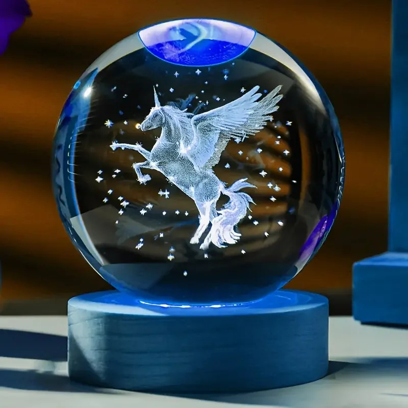 3D Unicorn Crystal Ball LED Night Light with Wooden Base 3D Unicorn Crystal Ball LED Night Light with Wooden Base